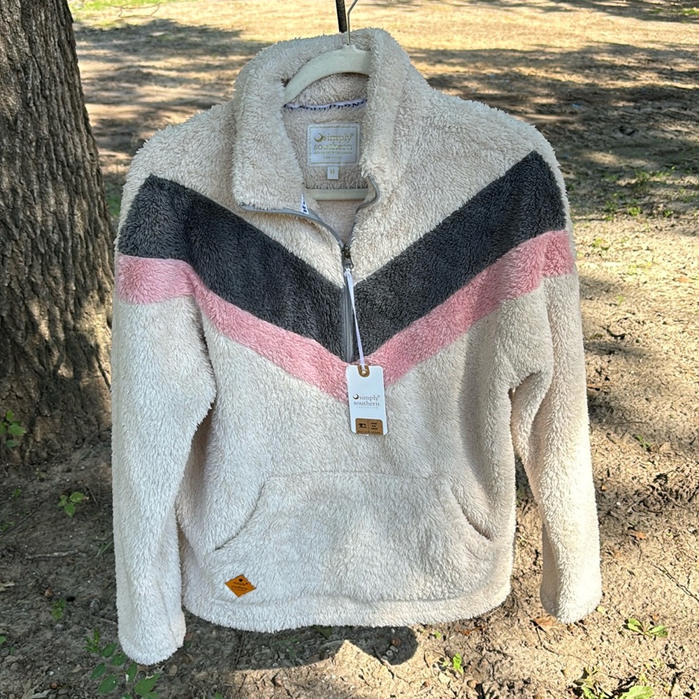 NWT Simply Southern Pink/Gray/Cream Stripe Fleece 3/4 zip Pullover Women’s M